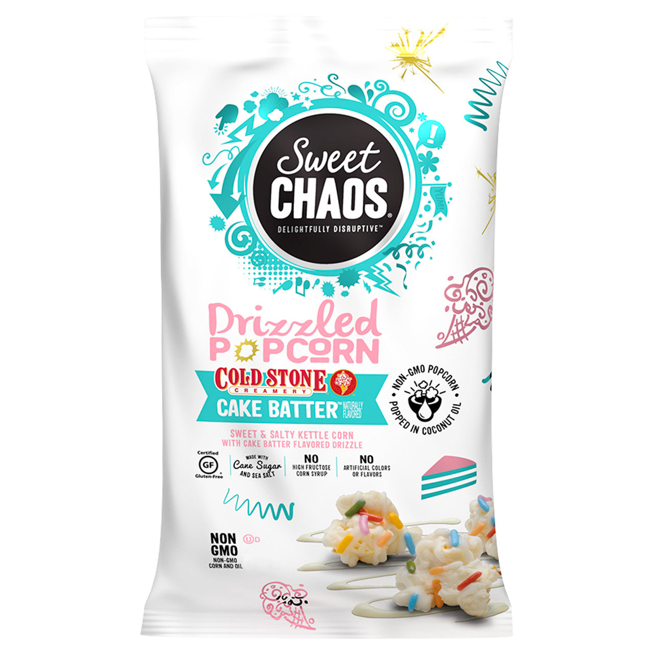 Sweet chaos Drizzled popcorn cake batter