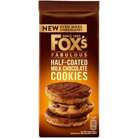 Foxs chocolatey half coated cookies milk chocolate